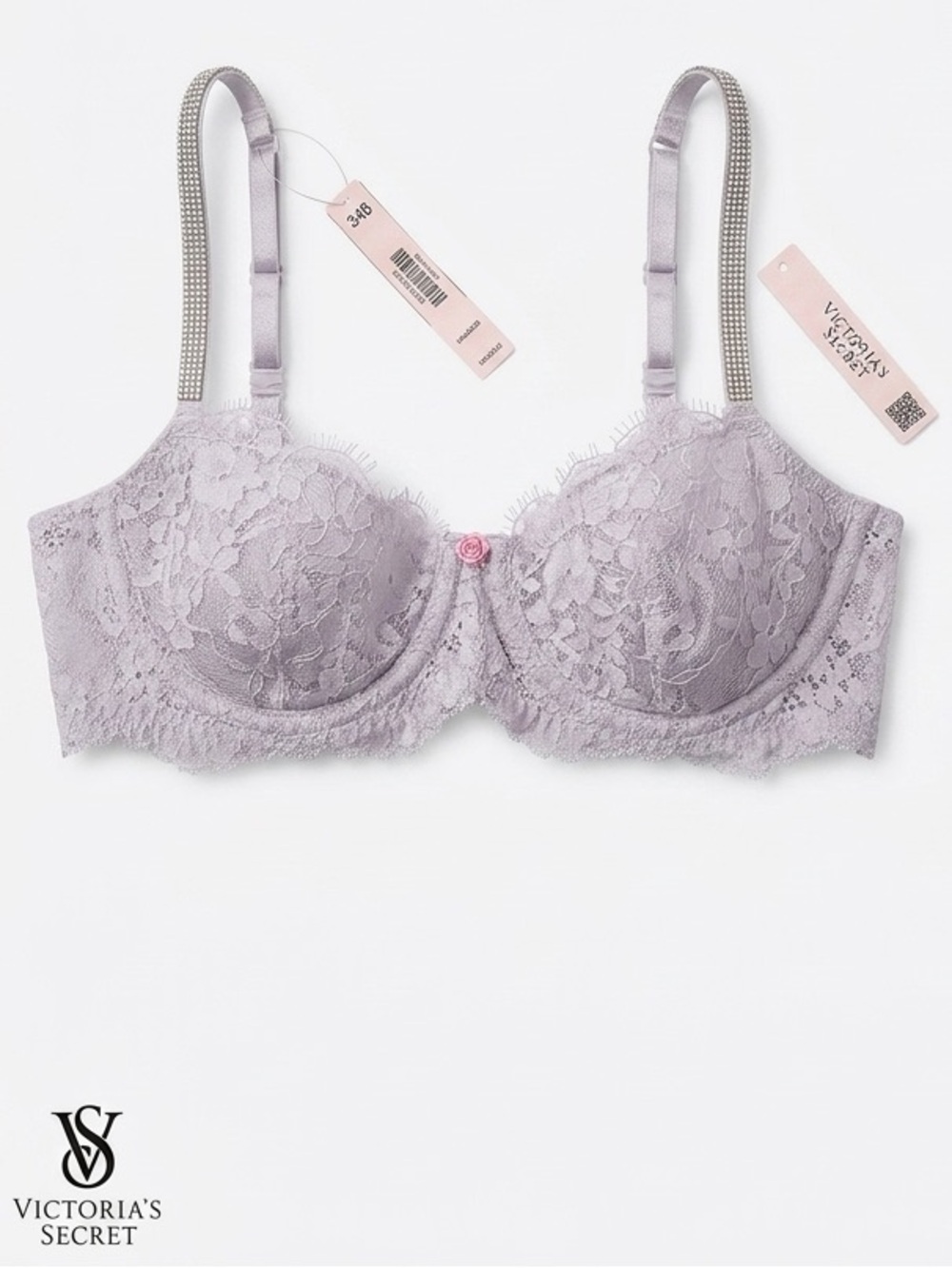 Victoria's Secret 34B Lavender Lace Underwire Bra with Rhinestone Strap